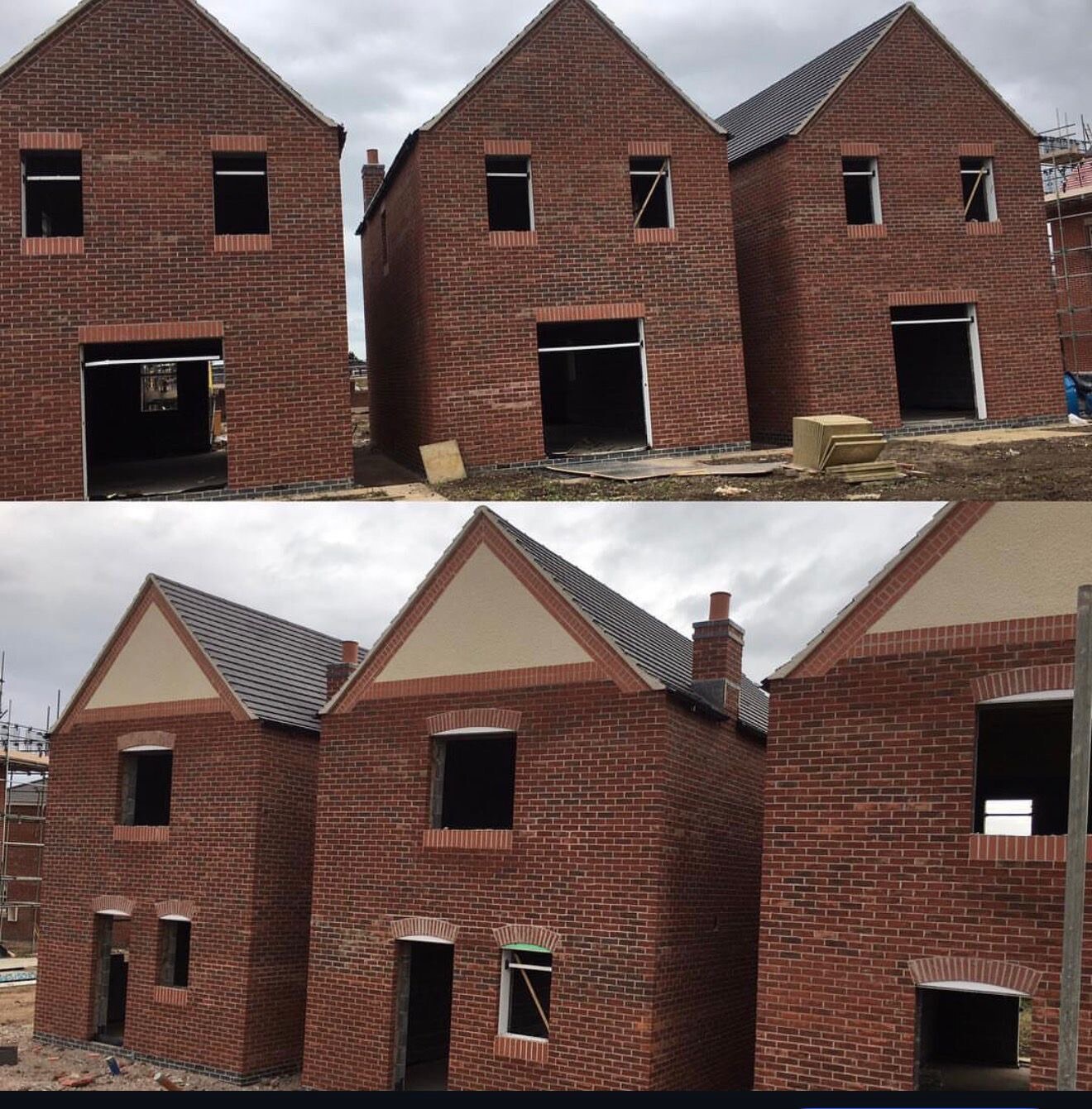Progress of new build house plots showing red brick elevations and gables