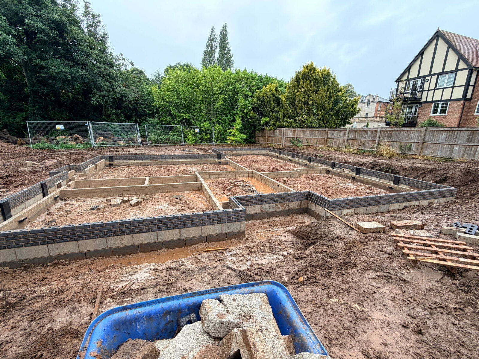 Foundation and footing walls set out for a new build home on a private plot in Derbyshire