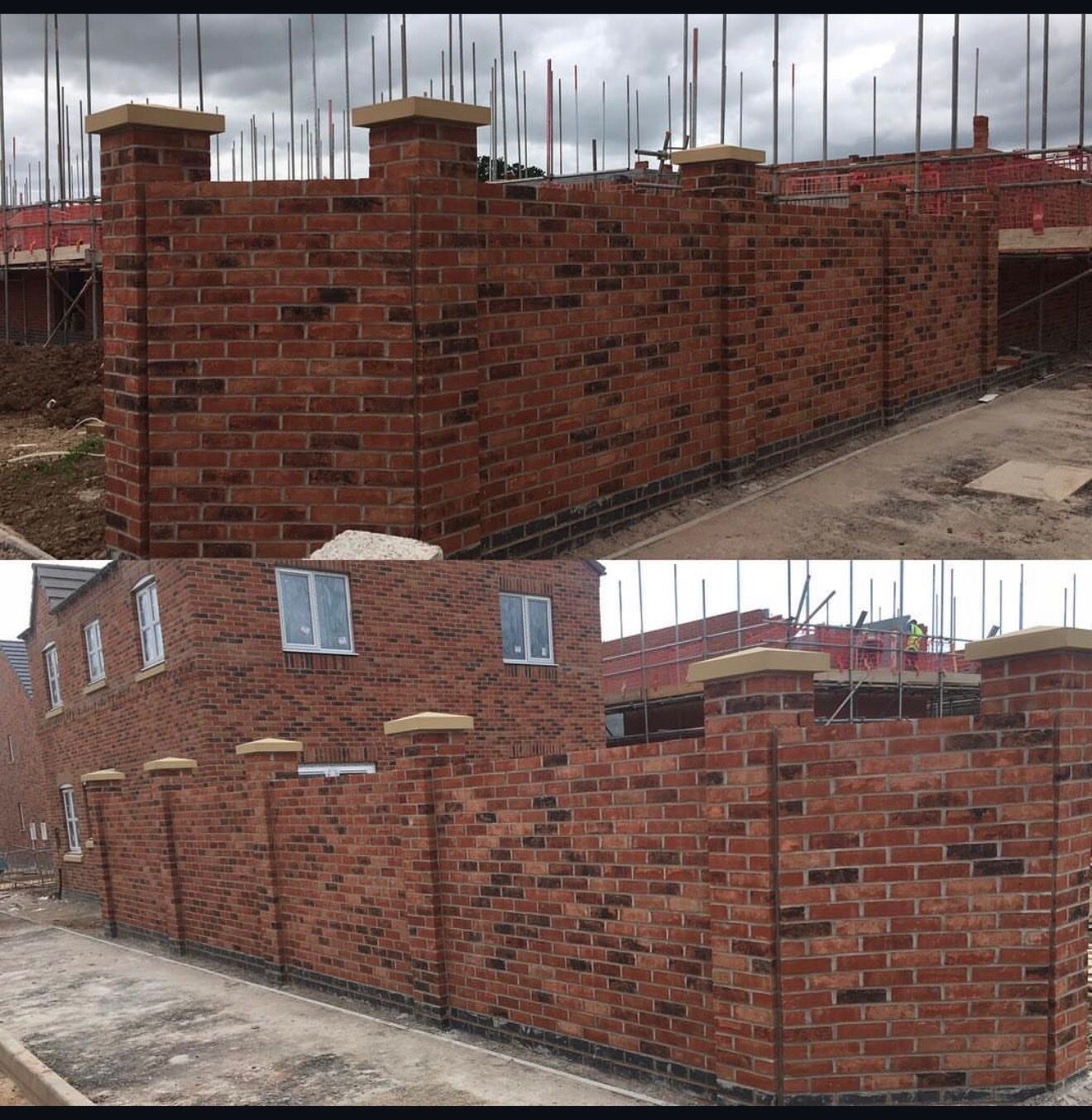 Brick boundary walls with piers and copings built on a new build development